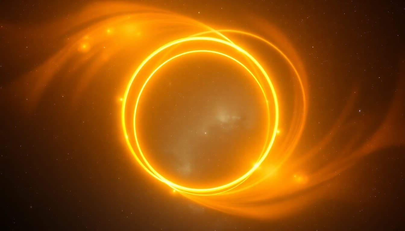 Four gentle rings of golden light nested in an endless flowing loop over a cosmic background symbolizing infinity and continuous cycles