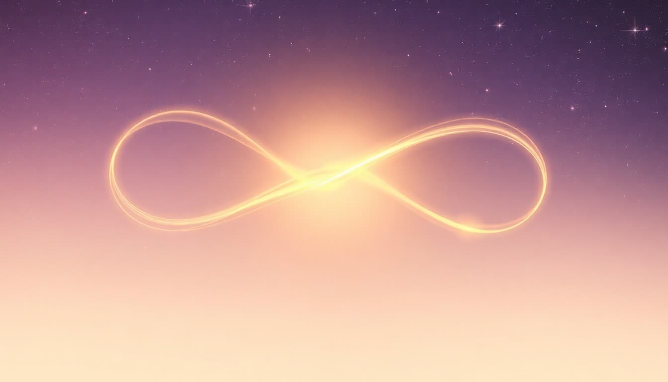A gentle infinity-like loop of flowing golden light over a calm cosmic background symbolizing renewal and one cycle closing into a new one