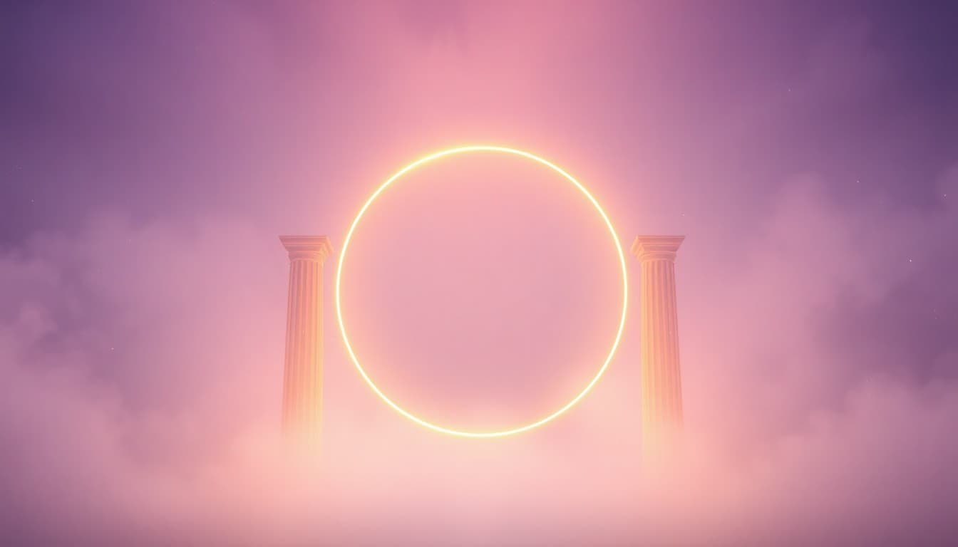 A luminous circular portal of soft golden light framed by two glowing columns in an ethereal sky, symbolizing the spiritual new beginning of angel number 1001
