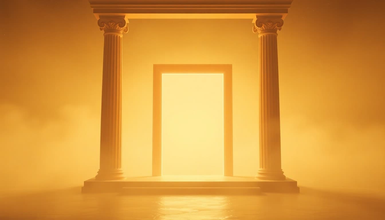 A single glowing doorway of warm light standing open on a misty threshold between two soft pillars, symbolizing the new opportunity of angel number 101