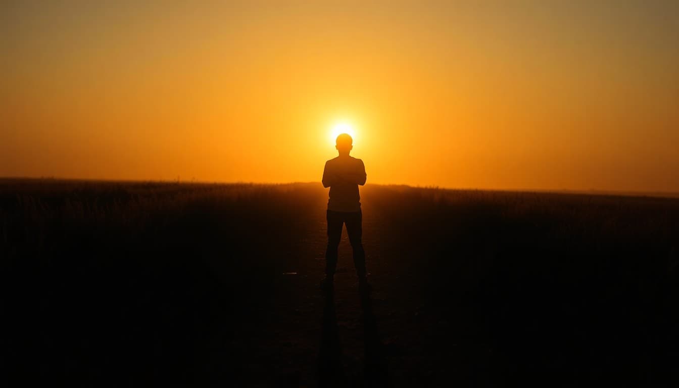 A calm figure of light standing confidently at the start of a bright path stretching toward sunrise, representing independence and taking the lead