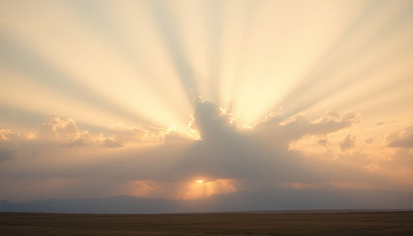 Soft rays of light breaking through gentle clouds over an open landscape representing fresh potential and possibility