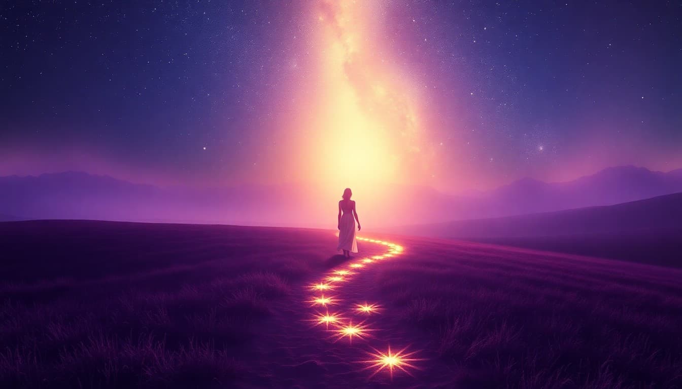 A figure of light walking a unique glowing path through a mystical landscape guided by starlight, symbolizing the spiritual growth of angel number 1027