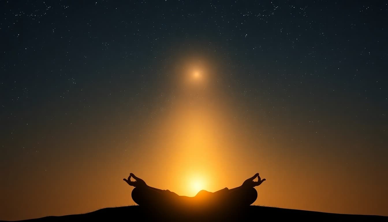 Soft inner light glowing from a calm meditative silhouette under a starlit sky, representing intuition and inner wisdom