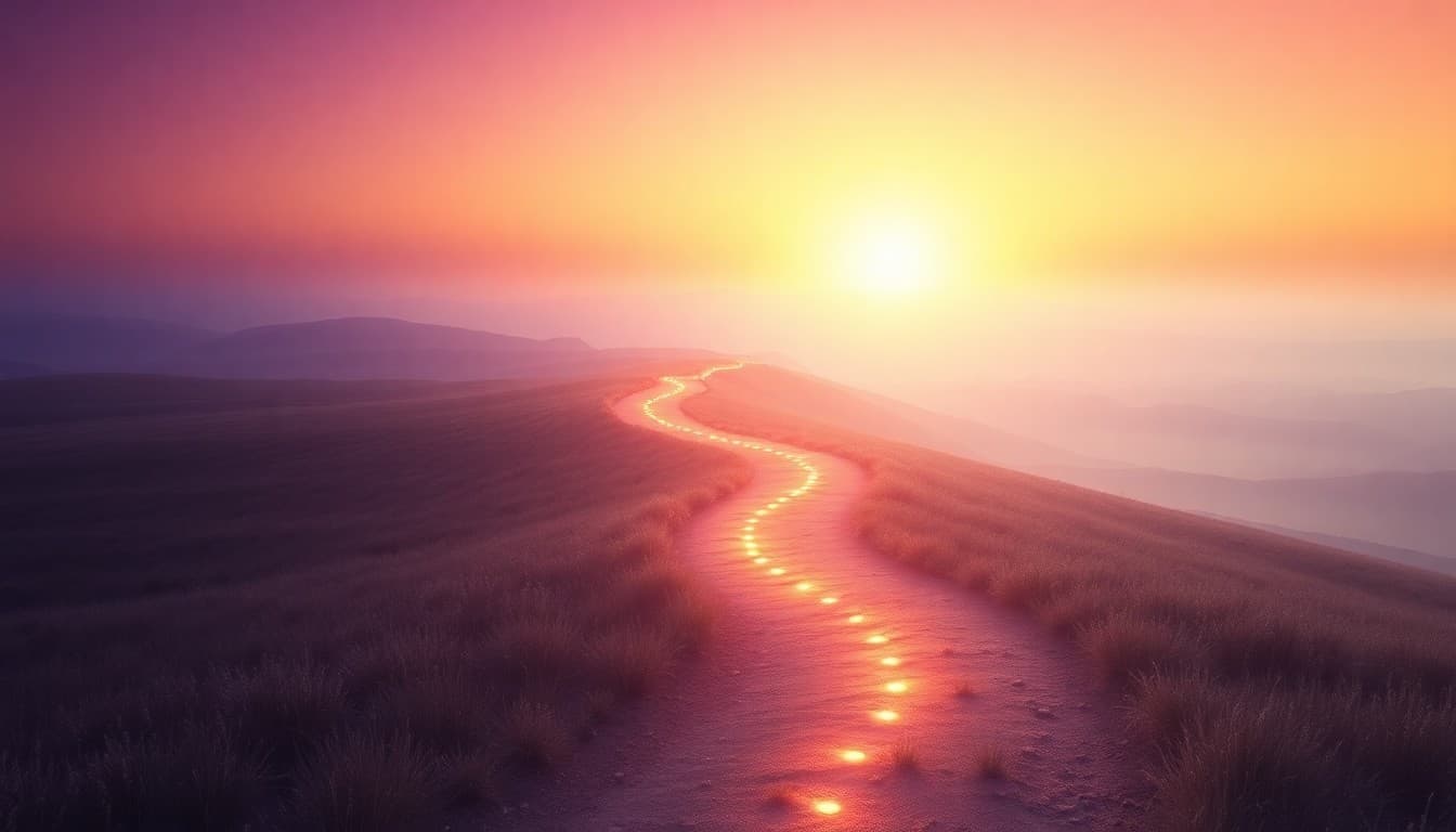 A singular winding luminous trail leading through an open dreamlike landscape toward a bright horizon, representing a unique personal journey and new beginnings