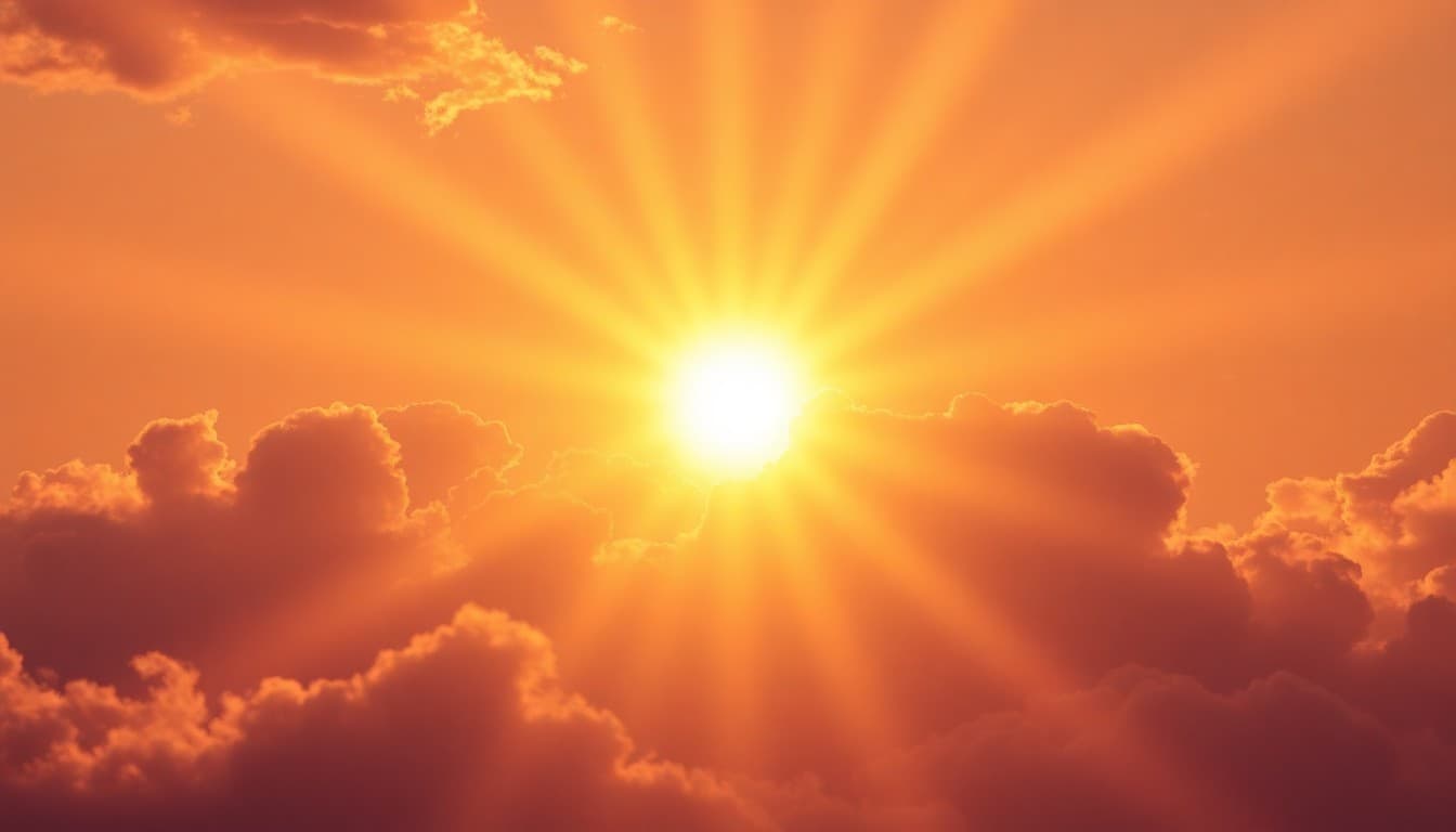 A radiant sunrise bursting through opening clouds symbolizing spiritual awakening and higher consciousness