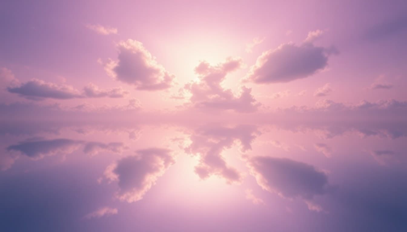 A perfectly mirrored reflection of soft light and clouds on still water symbolizing alignment and symmetry