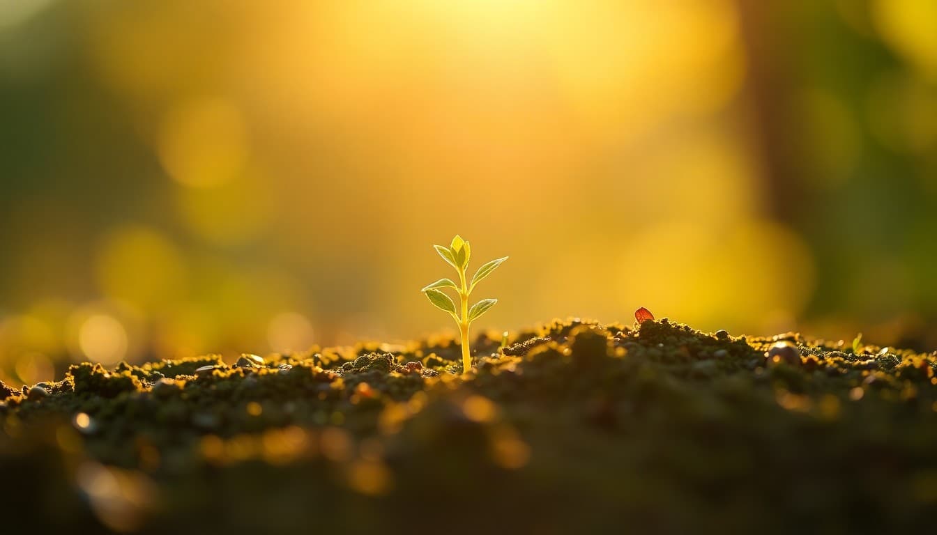 A young sprout unfolding into soft light representing natural growth and momentum building step by step