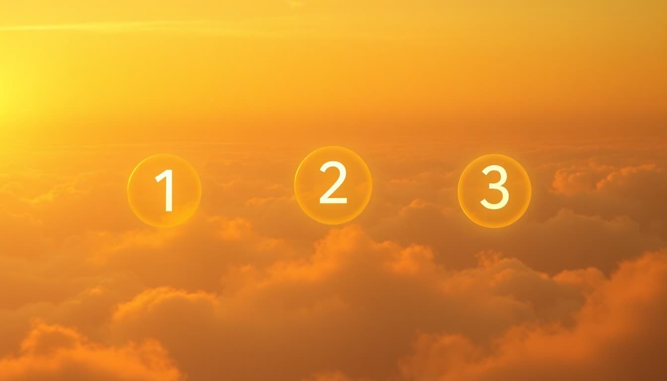 Three glowing golden orbs rising through soft dawn clouds symbolizing the gentle upward progress of angel number 123