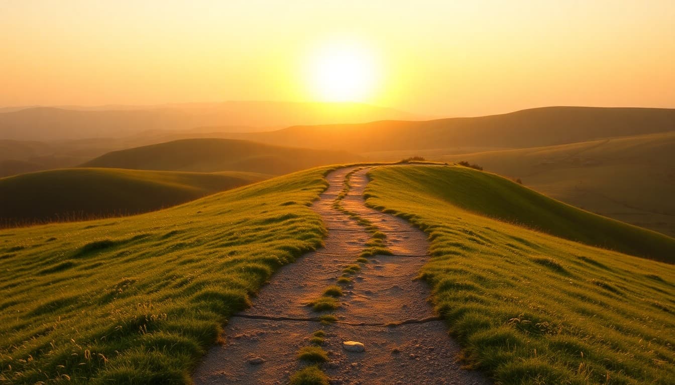 A clear winding footpath leading into a bright sunrise over rolling hills, representing an easy first step and new beginnings
