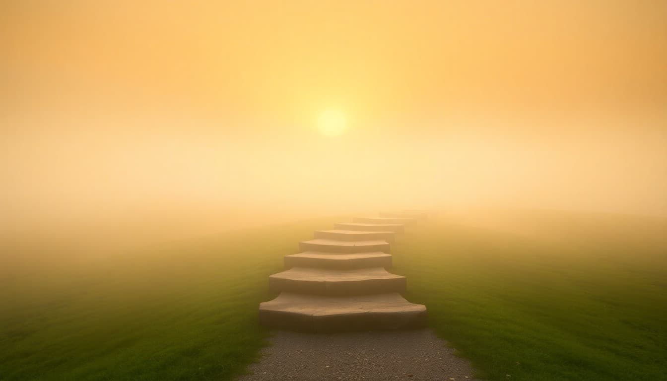 A winding path with illuminated stepping stones leading forward through misty dawn, representing gradual progress and forward movement
