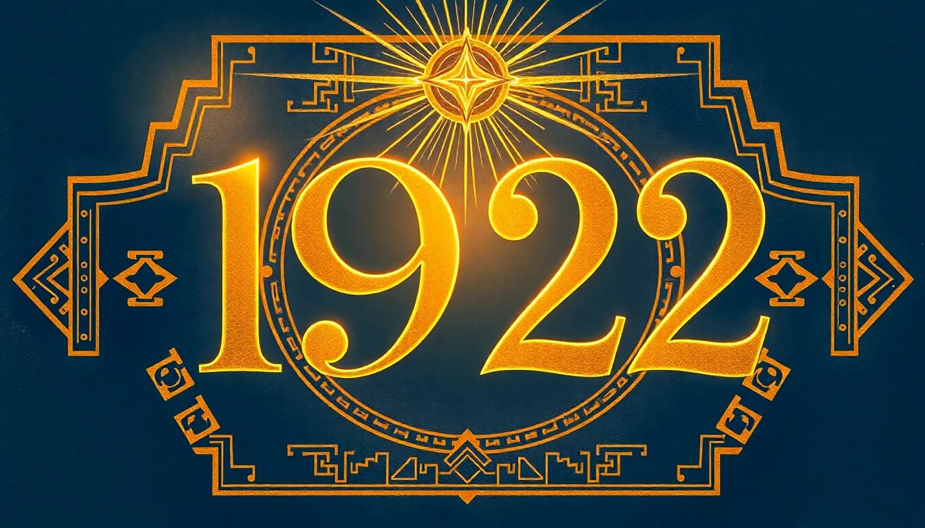 Egyptian-revival art deco illustration of angel number 1922 glowing in lapis blue and antique gold with hieroglyphic-inspired patterns, symbolizing discovery after long search