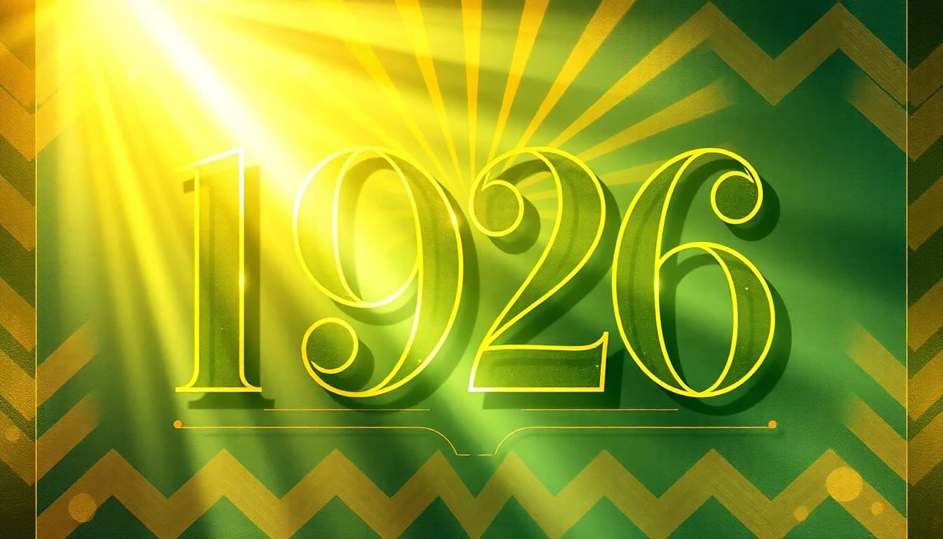 Art deco illustration of angel number 1926 glowing in golden light with Jazz Age 1920s geometric patterns, symbolizing cultural peak and quiet wisdom