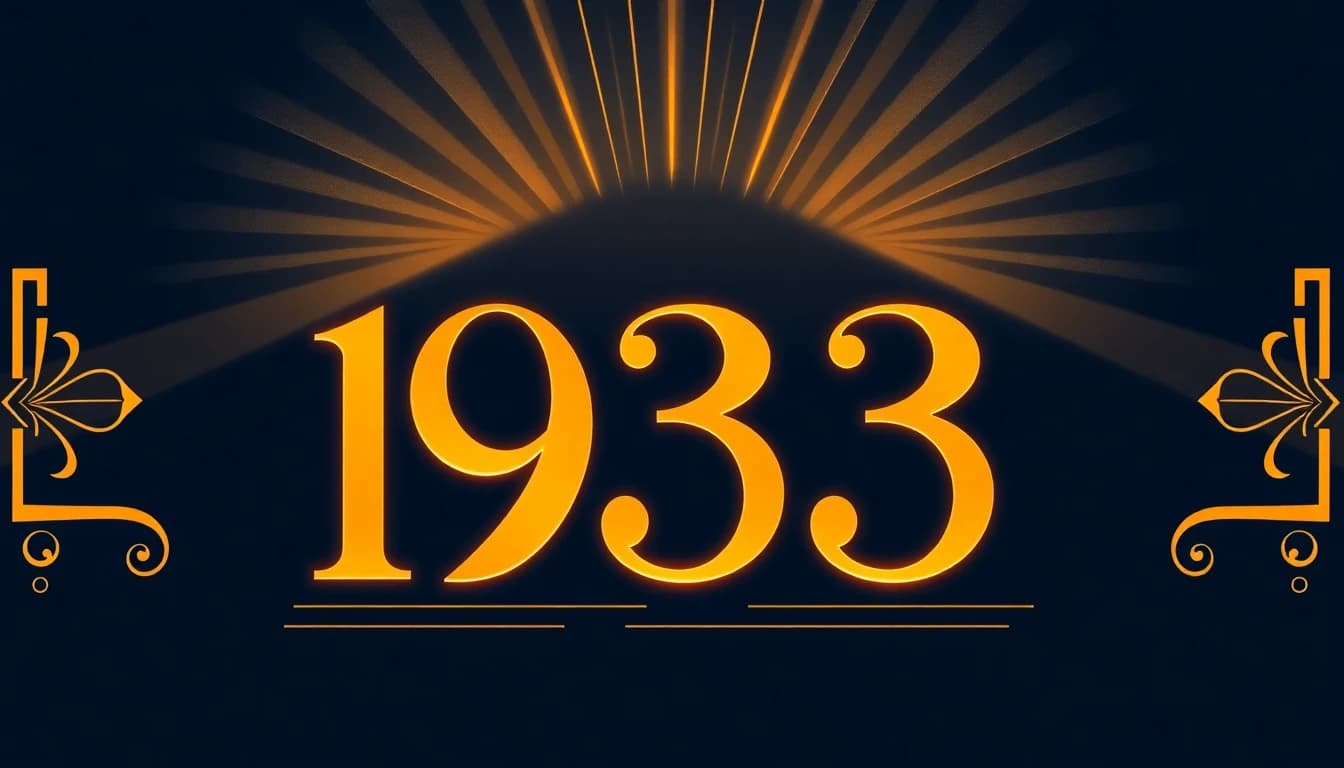 Art deco illustration of angel number 1933 glowing in golden light, framed by 1930s streamline moderne ornaments, symbolizing departure from the familiar