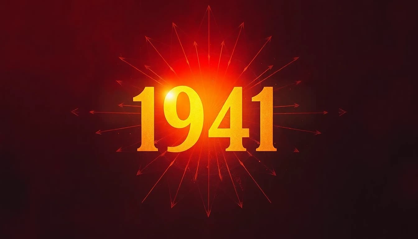 1940s wartime noir illustration of angel number 1941 glowing in crimson and burnished gold, symbolizing duty and called-to-action energy
