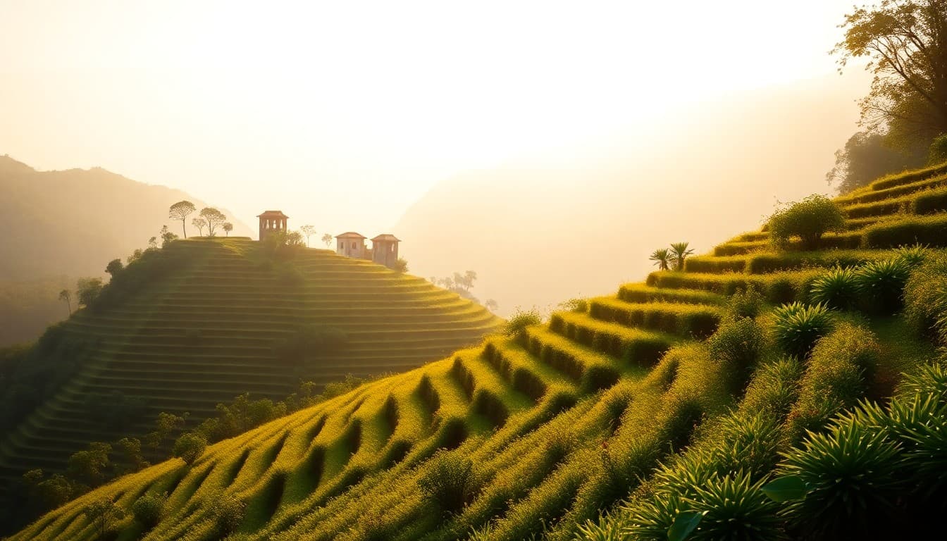 A tranquil terraced garden growing upward in gentle stages under soft dawn light, representing patience and natural steady progress