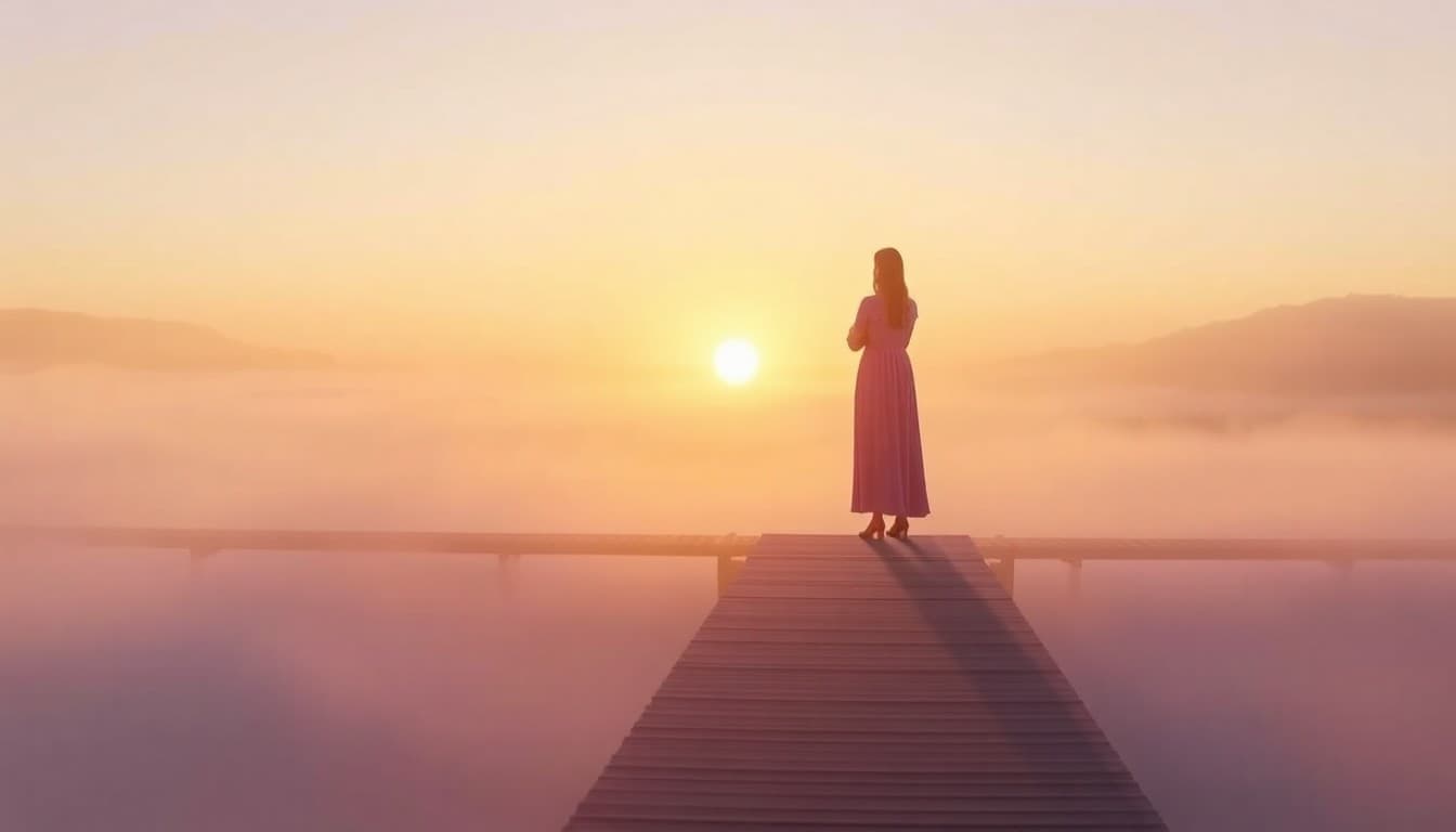 A calm figure of light standing steady on a bridge over gentle mist looking toward a soft sunrise, representing trust and faith in the journey