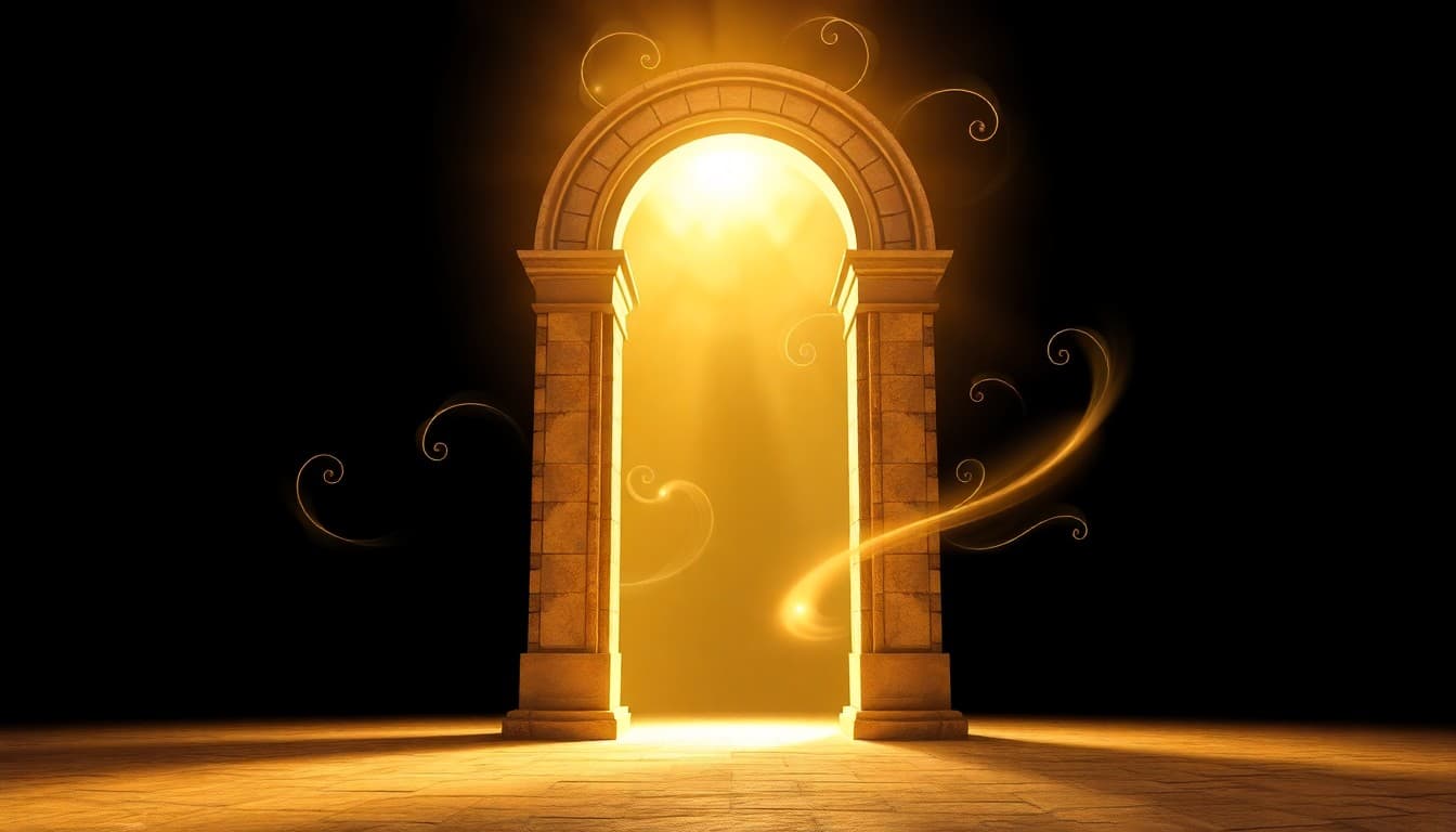 An elegant architectural arch of light standing on solid ground with creative swirls of energy around it, representing structure supporting creativity