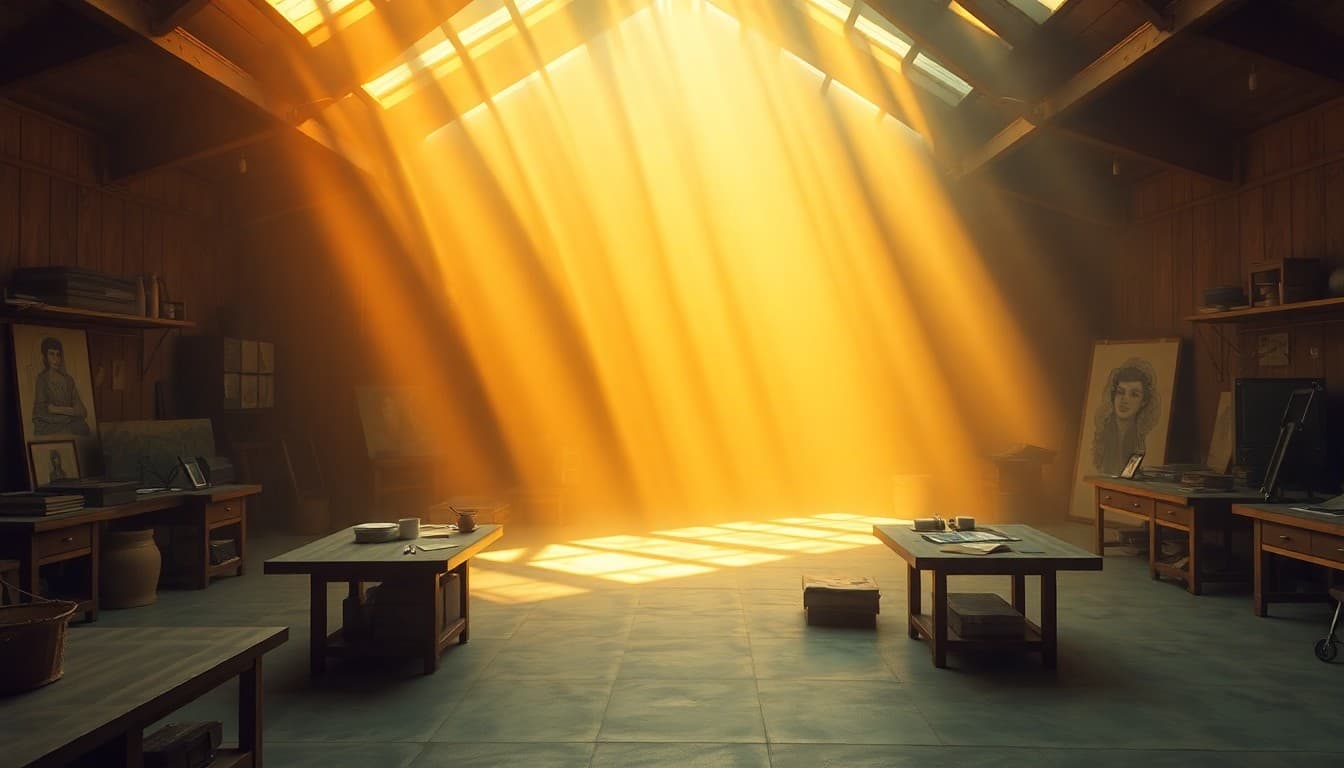 A warm workshop of golden light where flowing artistic energy meets solid geometric structure, symbolizing the creativity-and-stability blend of angel number 343