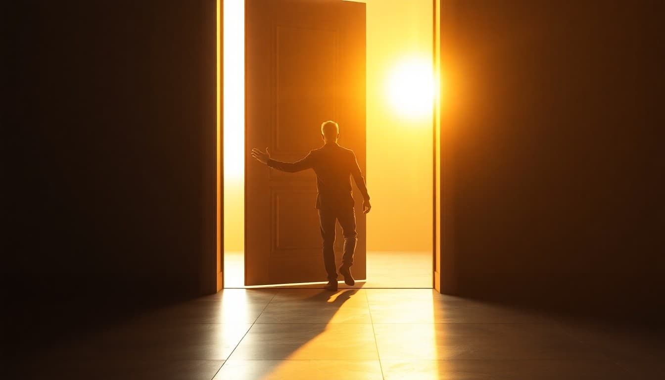 A figure of light stepping through a doorway toward a bright open path, representing overcoming inner doubt and pursuing dreams