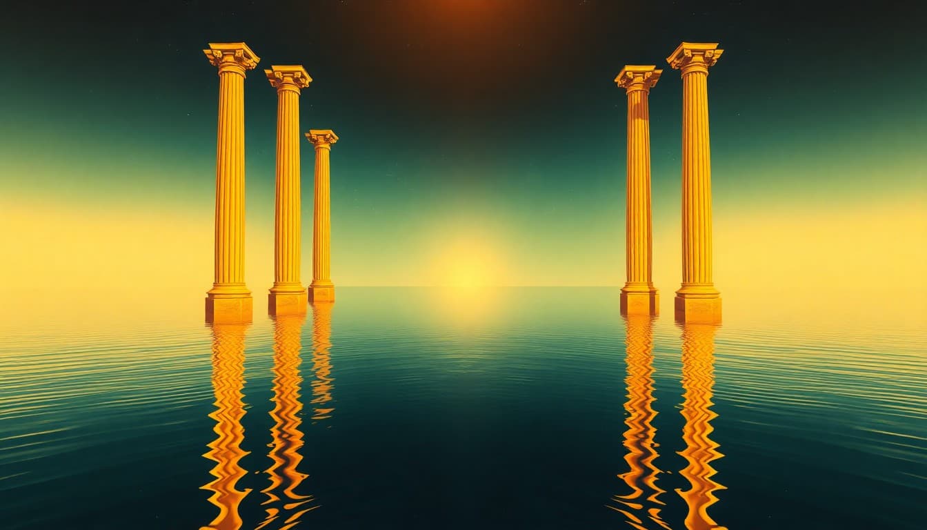 A perfectly symmetrical mirrored reflection of golden light and pillars on still water, symbolizing the balance and reflection of angel number 4224