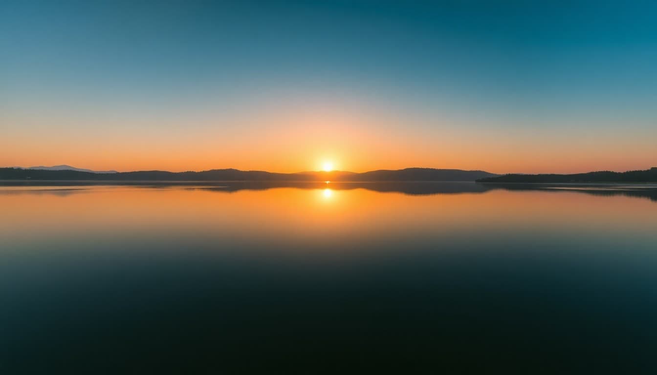A serene perfectly mirrored landscape reflected on a glassy lake at golden hour, representing symmetry, balance, and self-reflection