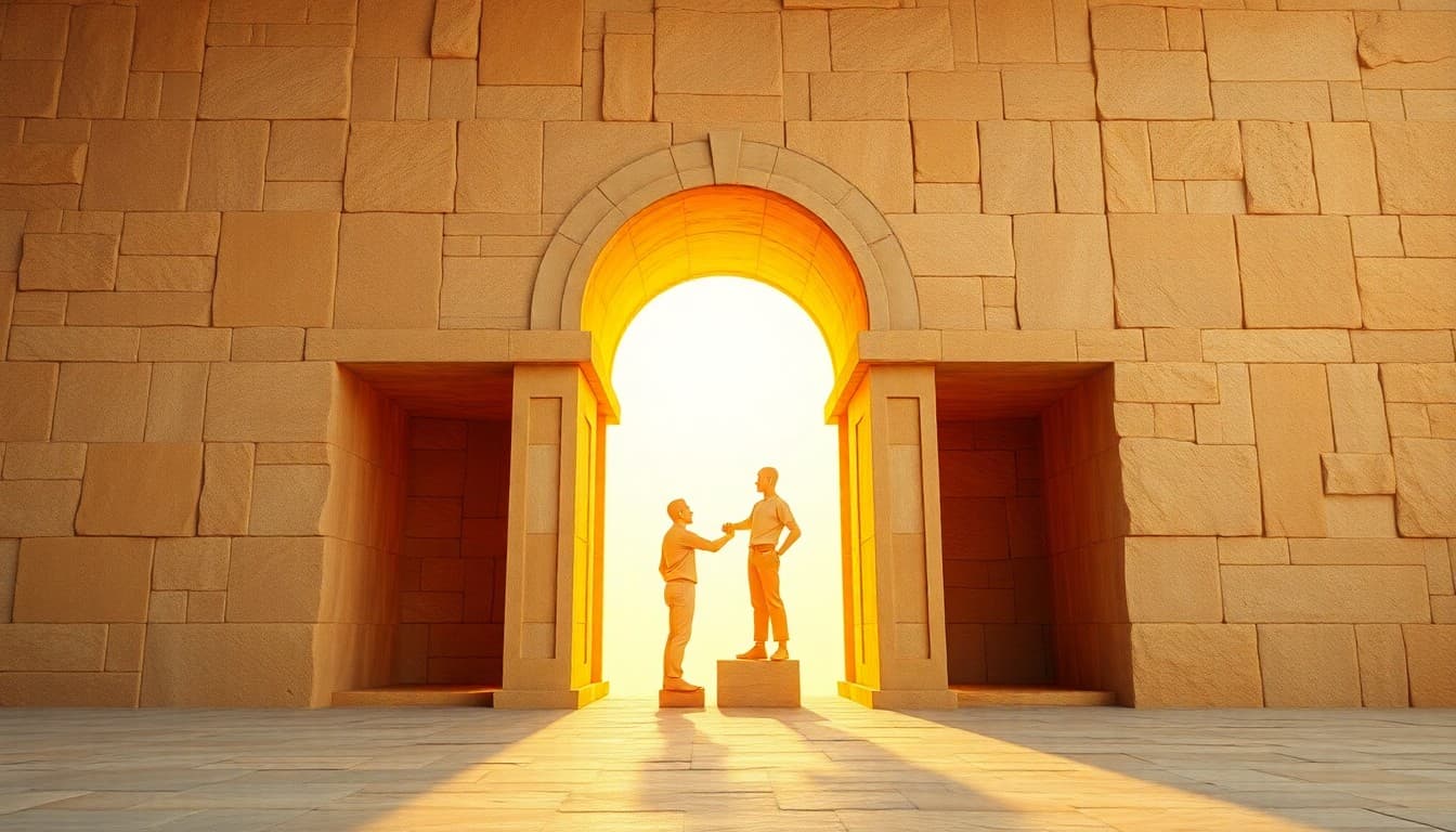 A solid architectural foundation of light with two figures building together in warm harmony, representing teamwork and steady construction
