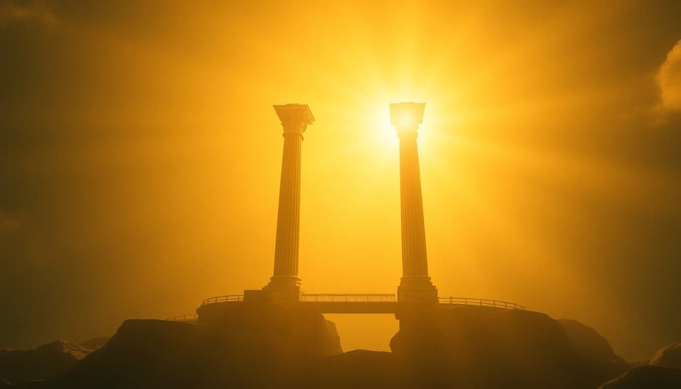 Two strong pillars of golden light rising from a solid foundation connected by a bridge, symbolizing the stability and partnership of angel number 4422