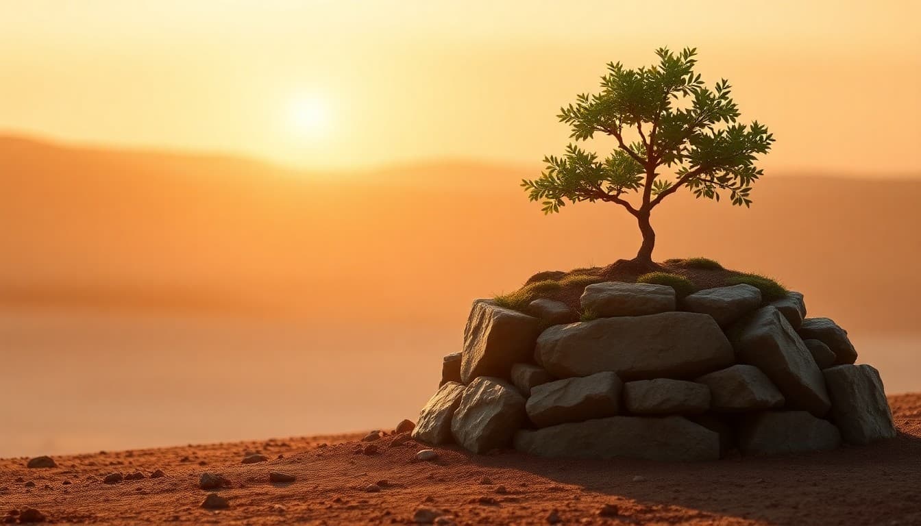 A solid stone foundation with a young tree growing from it under soft dawn light, representing building a stable base before growth