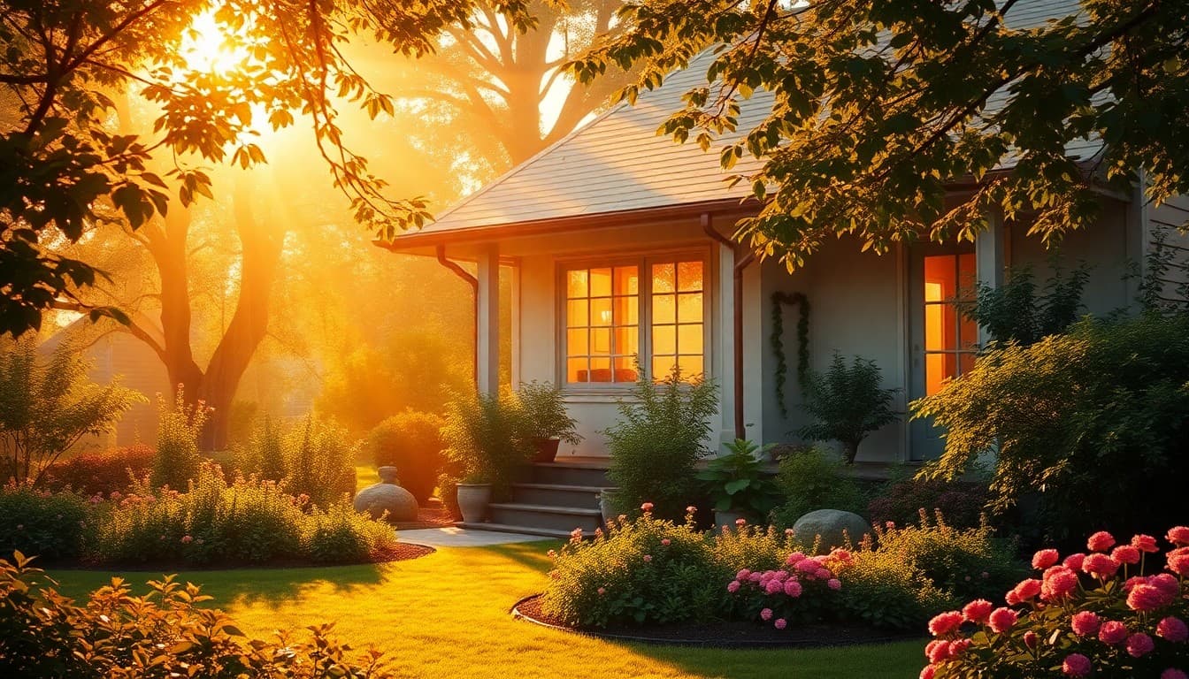 A tranquil warm home surrounded by a peaceful garden bathed in golden light representing nurturing care and harmony