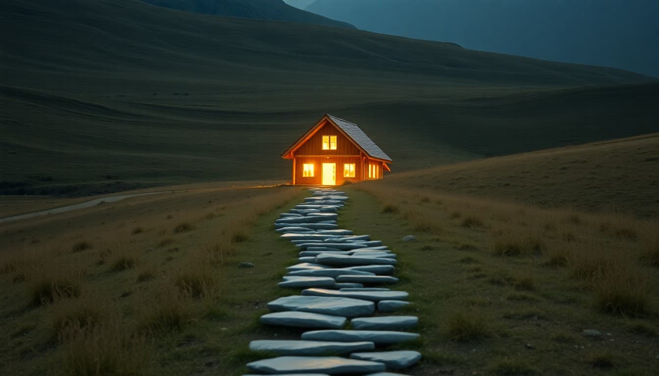 A stone path rising from a solid foundation toward a warm nurturing home glowing with light, symbolizing the stability-change-harmony journey of angel number 456