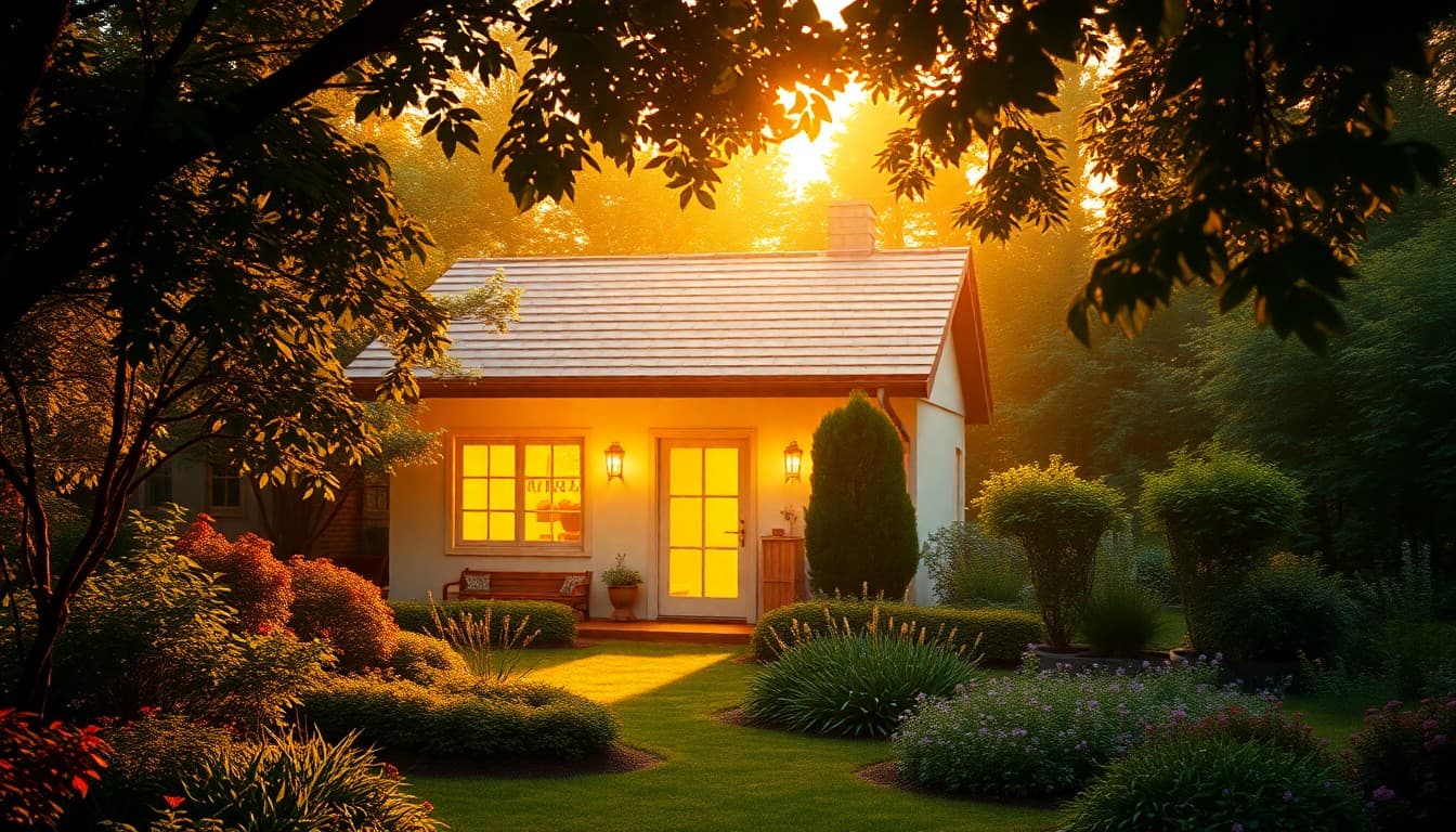A tranquil warm home in a peaceful garden under golden light, representing harmony and nurturing balance