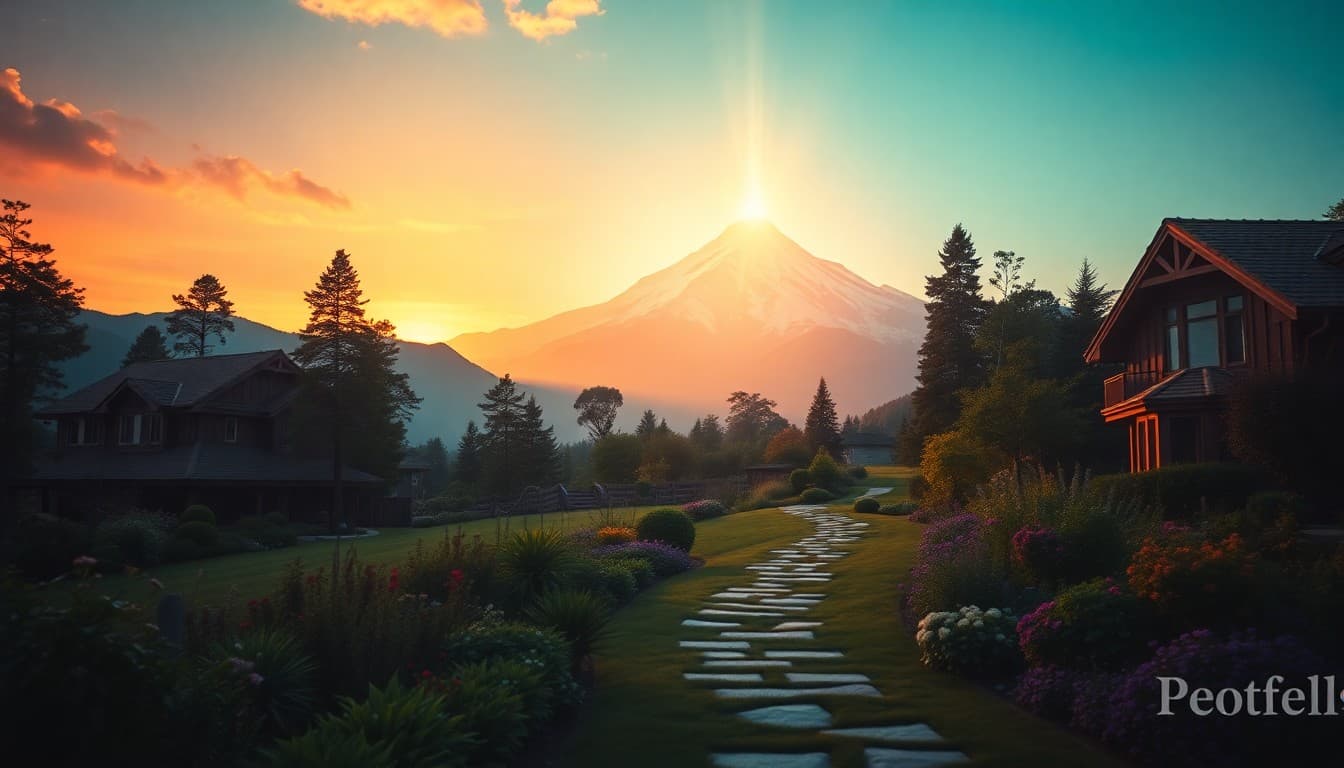 An upward path from a changing landscape through a peaceful garden toward an enlightened mountaintop, symbolizing the growth arc of angel number 567