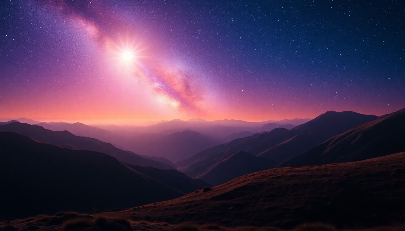 A calm mountaintop under a starlit sky with soft radiant light, representing spiritual wisdom and higher insight