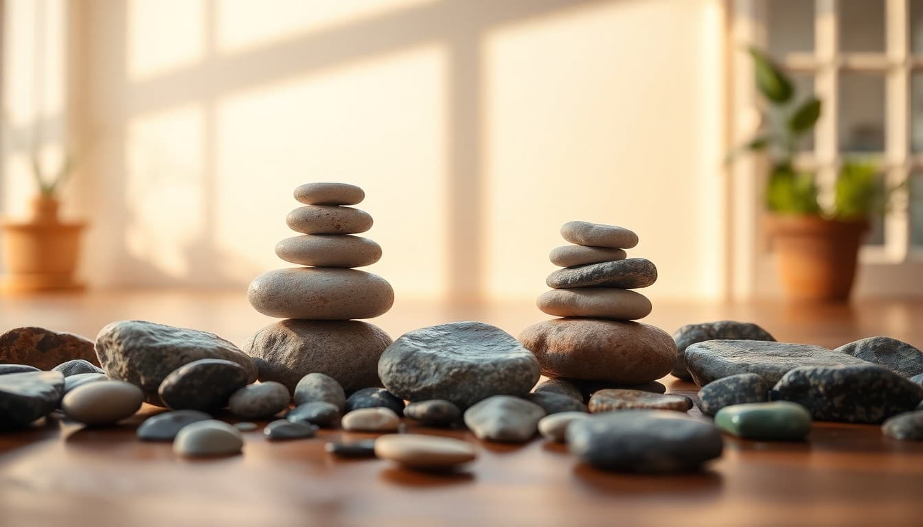 A calm balanced arrangement of stones and soft light in harmony near a peaceful home, representing restoring balance and simplifying life