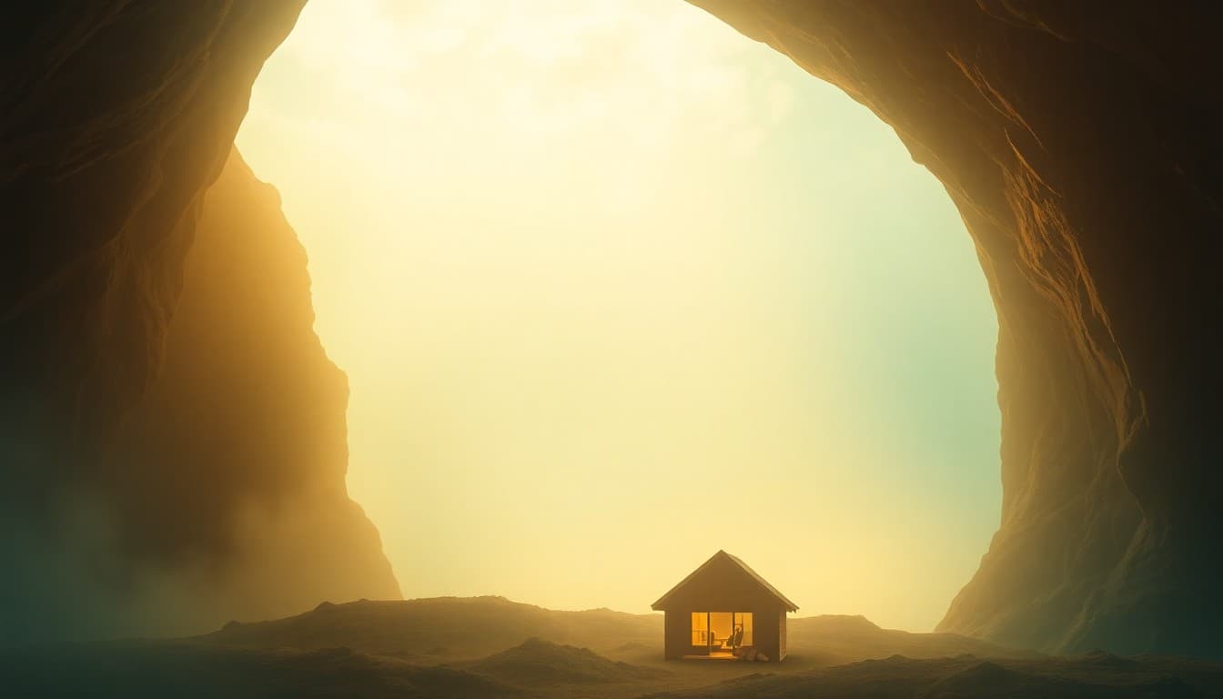 Scattered light gathering and realigning into a grounded stable foundation with a warm home, symbolizing the rebalancing message of angel number 654