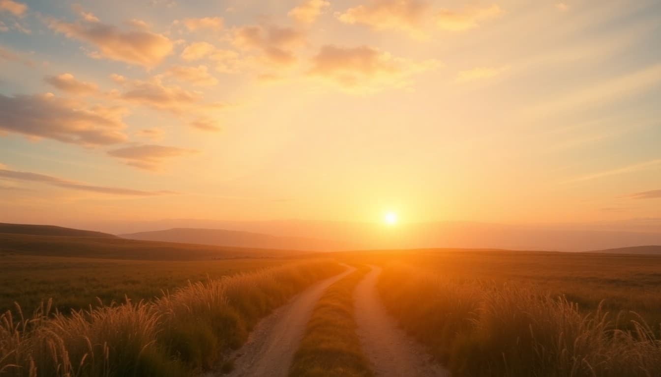 A luminous path lit by gentle golden light leading forward through a peaceful landscape, representing being on the right track