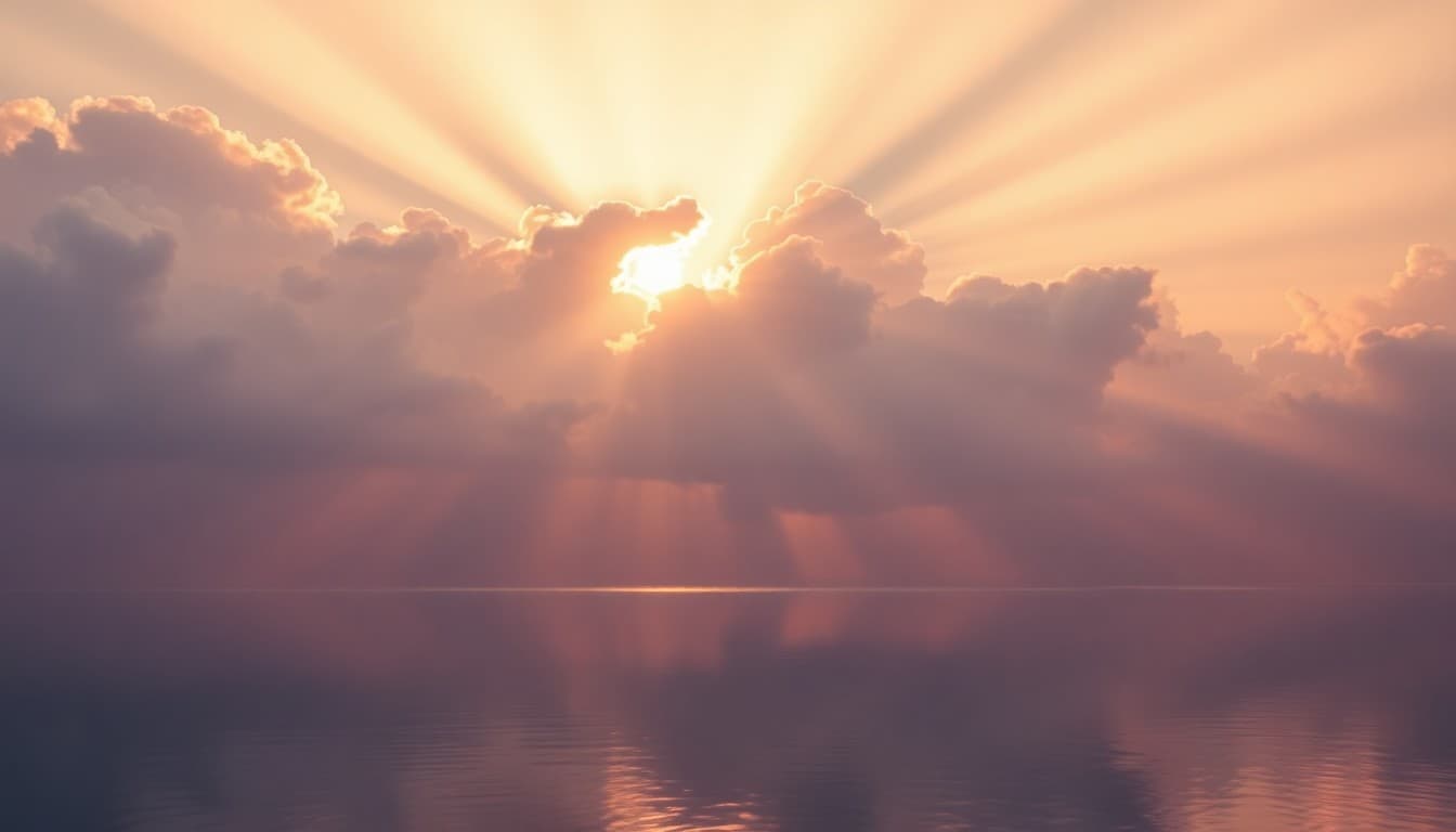 Soft rays of light breaking through clouds over a calm lake, representing spiritual awakening and inner wisdom