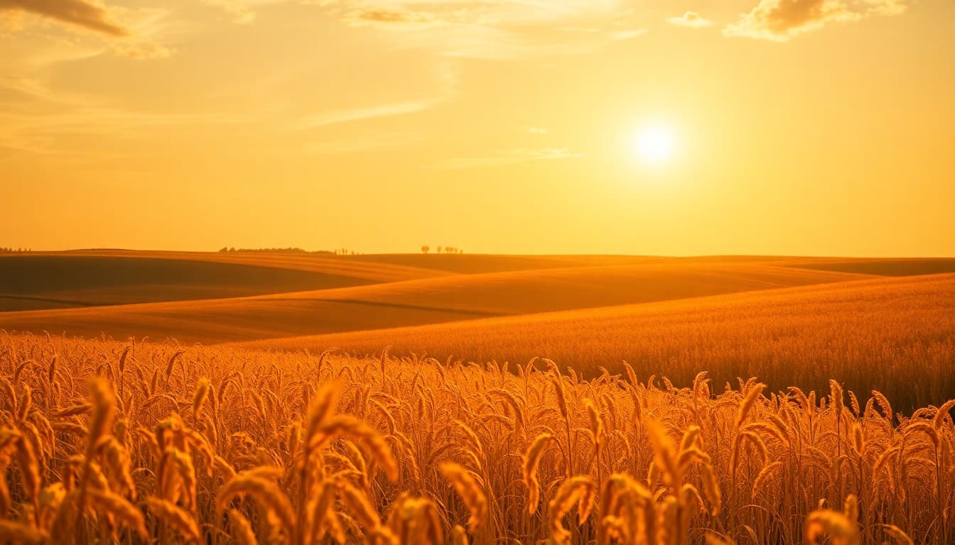 Soft flowing golden light over ripening fields under a warm radiant sky, representing prosperity and the rewards of the journey