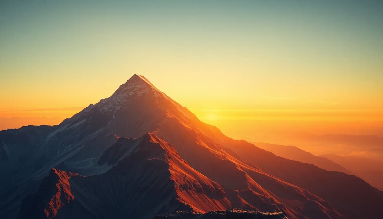 A serene mountain peak bathed in golden dawn light with an expansive view, representing the culmination of a long climb and completion