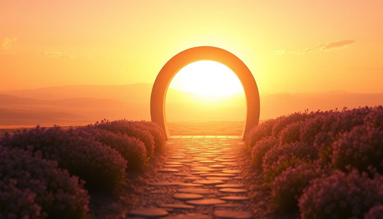 A gentle path leading to a glowing archway opening onto a fresh landscape, representing a cycle completing and a new one starting