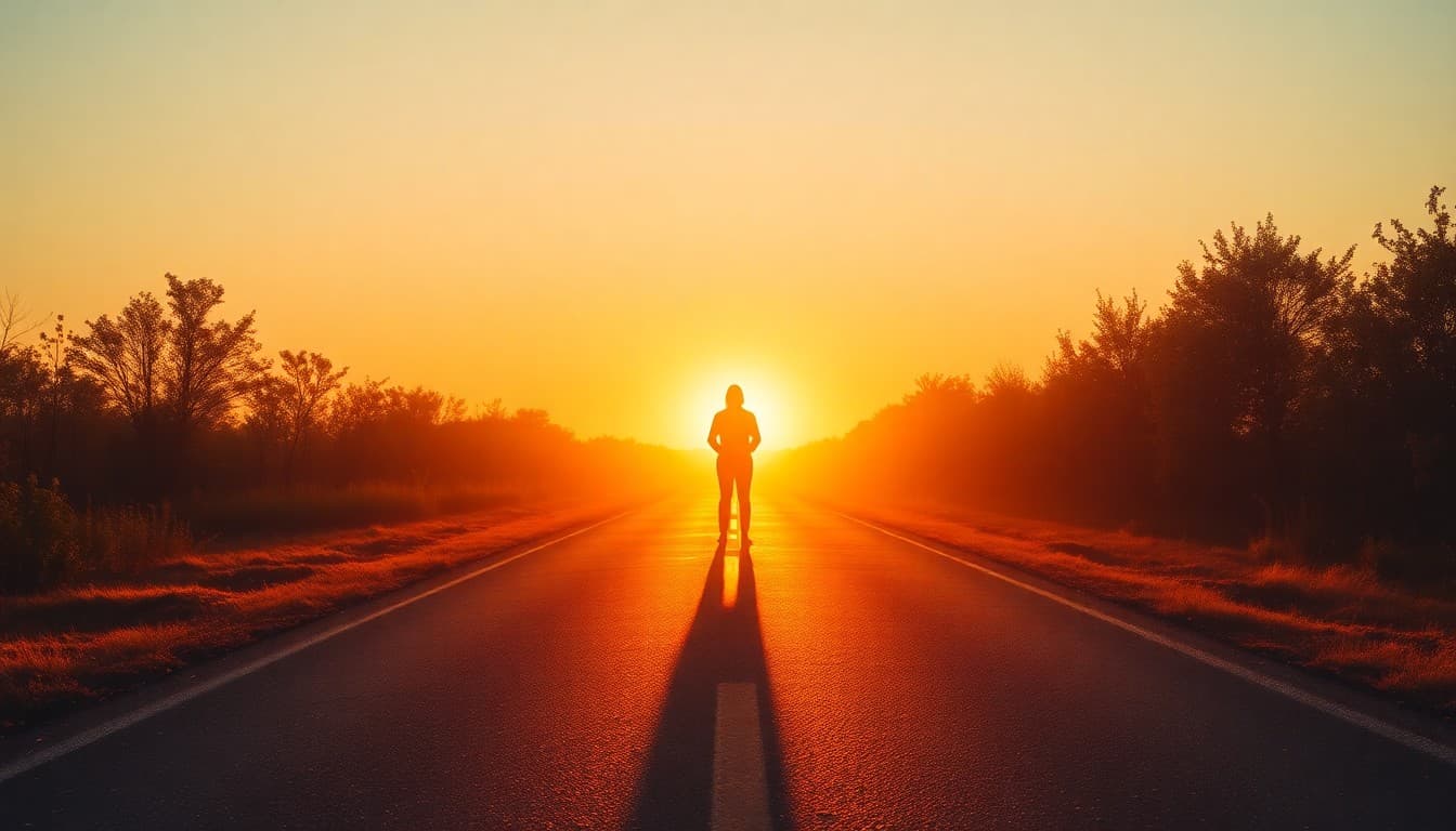 A calm figure of light standing in morning glow with an open road ahead, representing soul purpose and a fresh mission